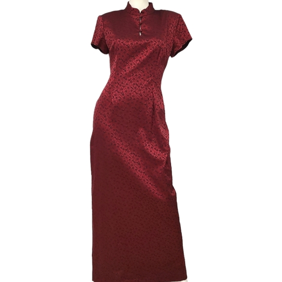 Vintage Harlow Nites Red Brocaid Maxi Dress size 10 - Picture 2 of 12